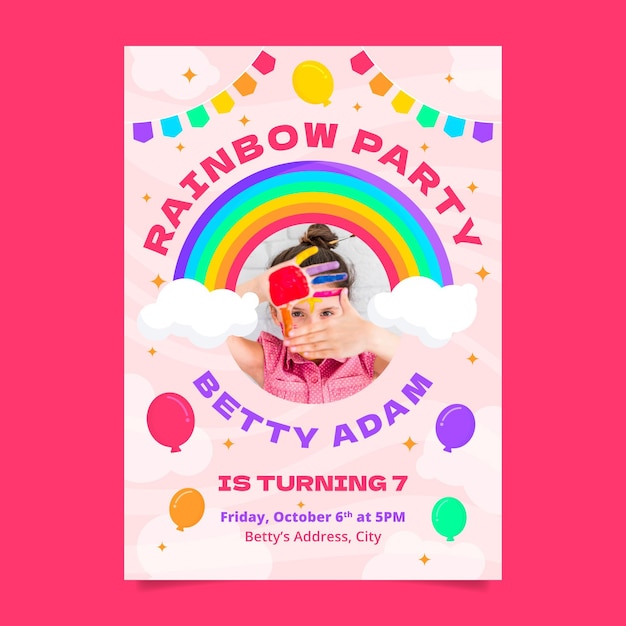 Плоский шаблон приглашения на день рождения с изображением радуги