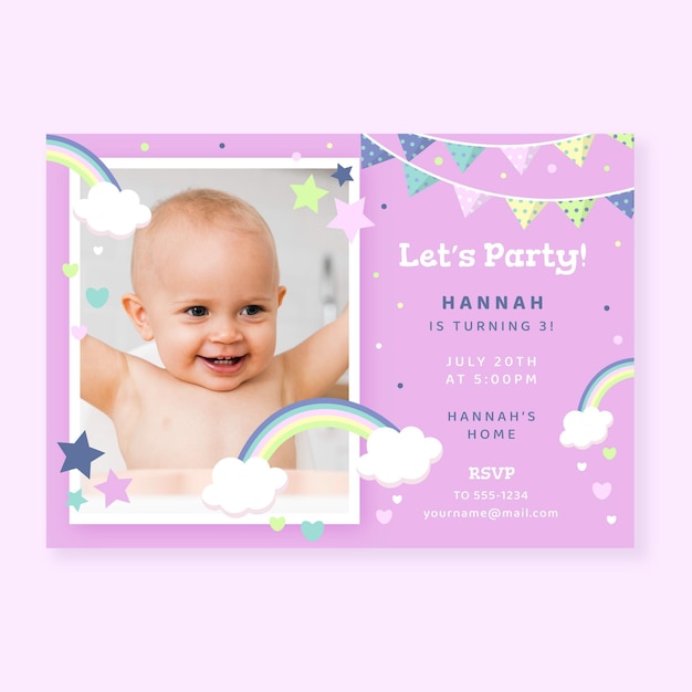 Flat rainbow birthday invitation with photo