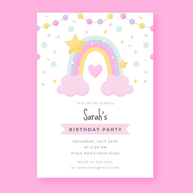 Flat rainbow birthday invitation