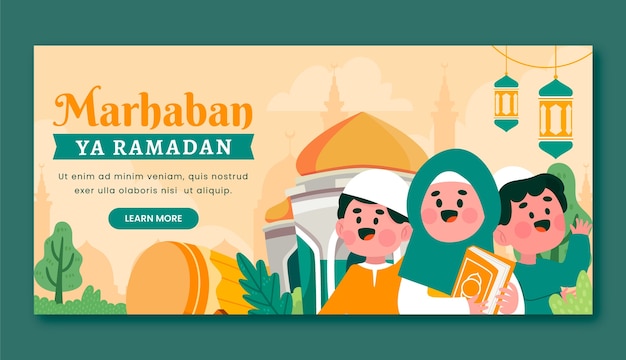 Vettore gratuito modello di banner orizzontale celebrazione piatto ramadan