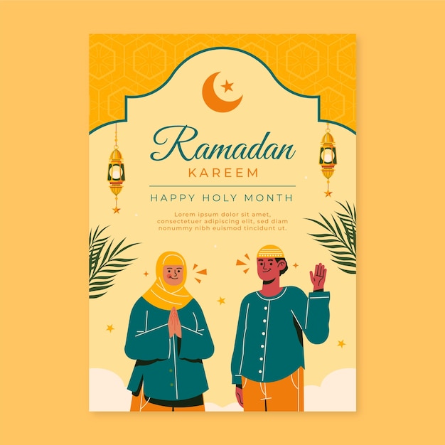 Плоский празднование рамадана вертикальный шаблон плаката