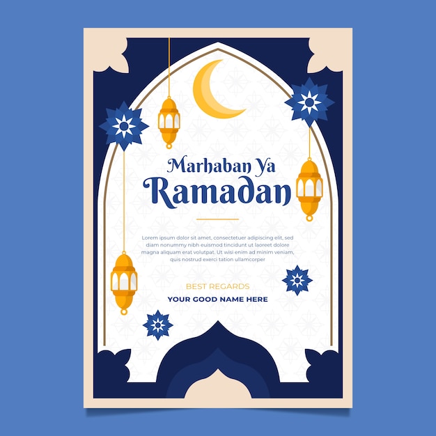 Vettore gratuito modello di biglietto di auguri ramadan piatto