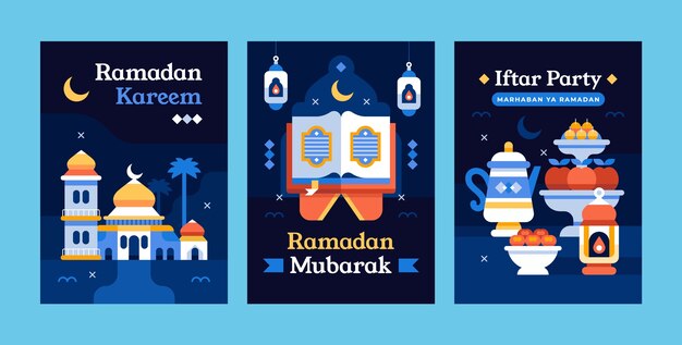 Flat ramadan greeting cards set collection