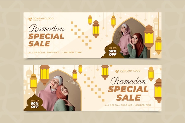 Free vector flat ramadan horizontal banners pack