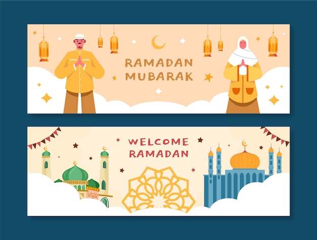 Набор плоских горизонтальных баннеров рамадана