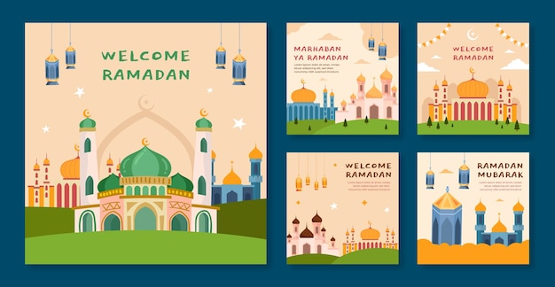 Free vector flat ramadan instagram posts collection