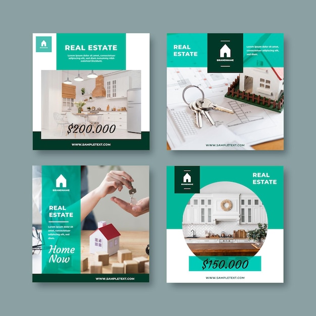 Free vector flat real estate instagram post collection