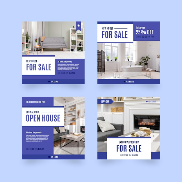 Free vector flat real estate instagram post collection