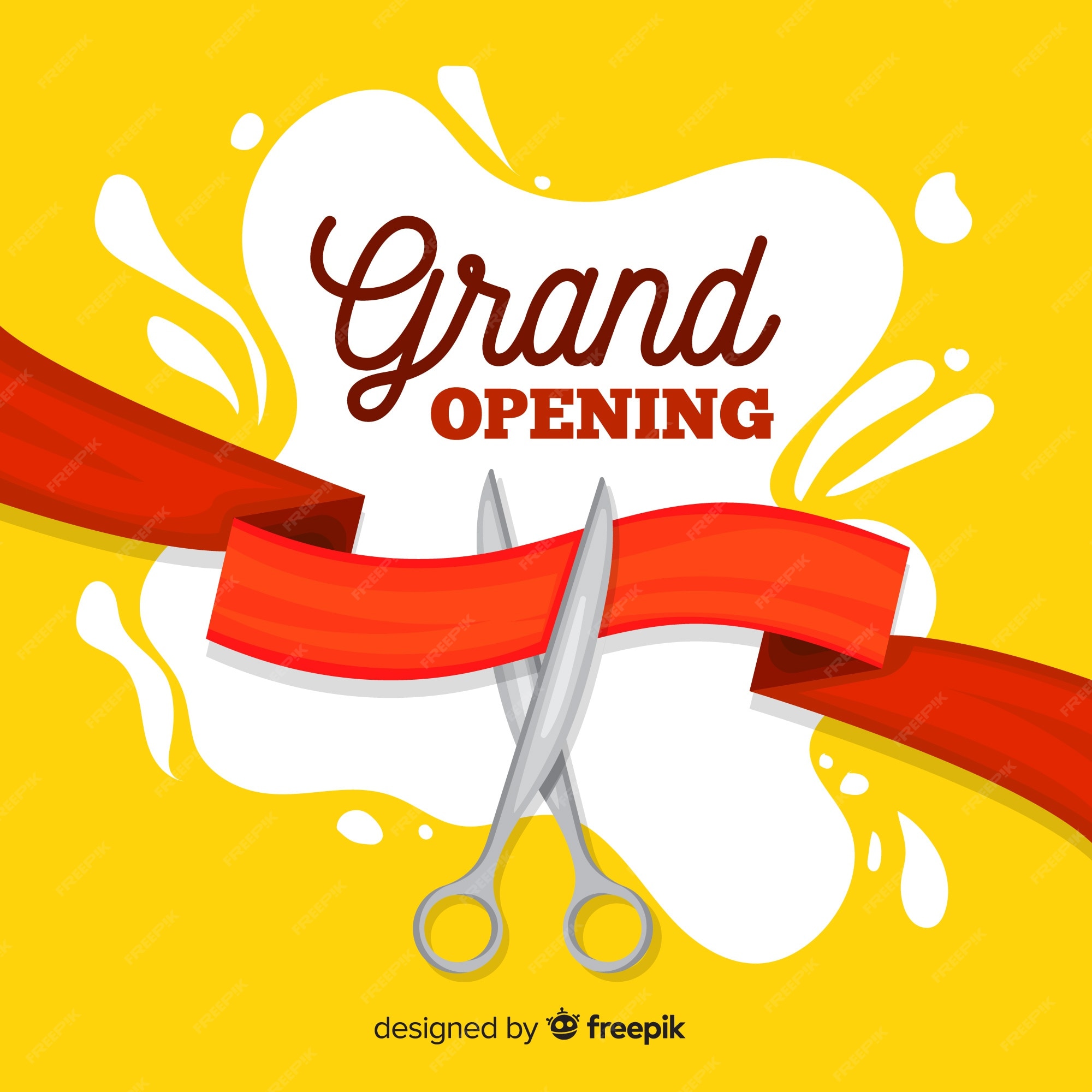 Grand Opening Design Template With Ribbon And Scissors. Grand Open