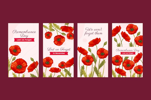 Free vector flat remembrance day instagram stories collection