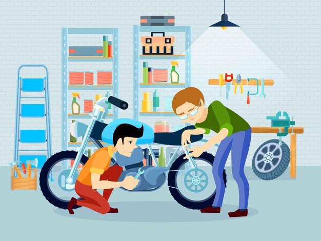 Flat repair motorcycle composition with father biker and his son in garage 