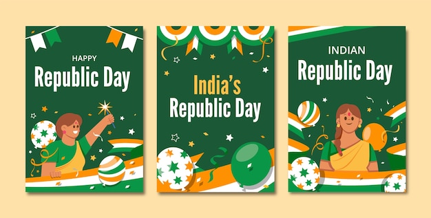 Free vector flat republic day celebration greeting cards collection