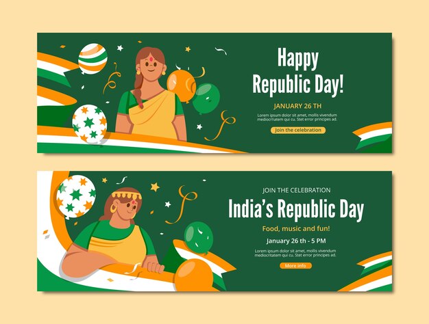 Free vector flat republic day celebration horizontal banners set