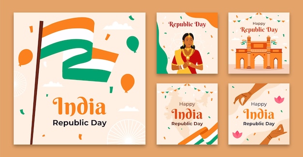 Free vector flat republic day instagram posts collection