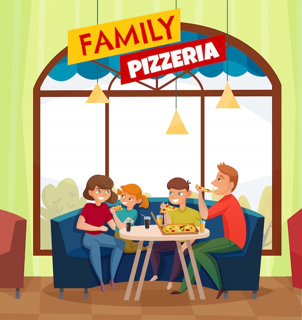 Visitatori di pub ristorante piatto colorato composizione con grande pizzeria di famiglia rossa