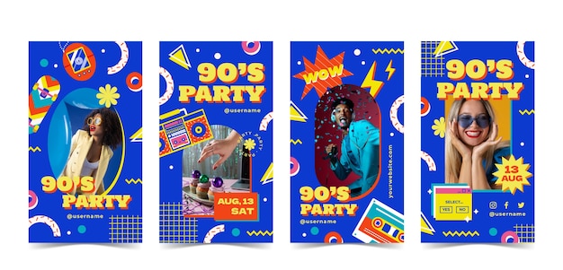 Flat retro 90s party instagram stories collection