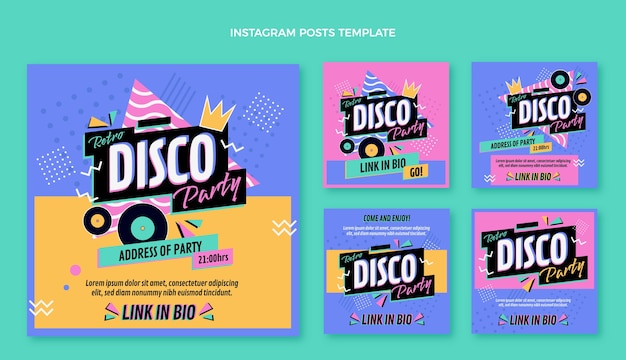 Vettore gratuito collezione di post instagram festa in discoteca retrò piatta
