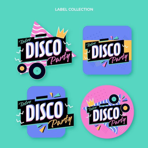 Free vector flat retro disco party labels collection