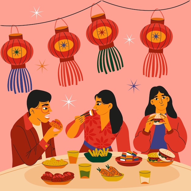 Illustrazione della cena di riunione per la festa del capodanno cinese