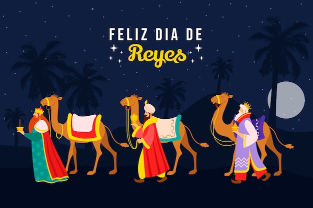 Flat reyes magos arriving to the nativity scene illustration