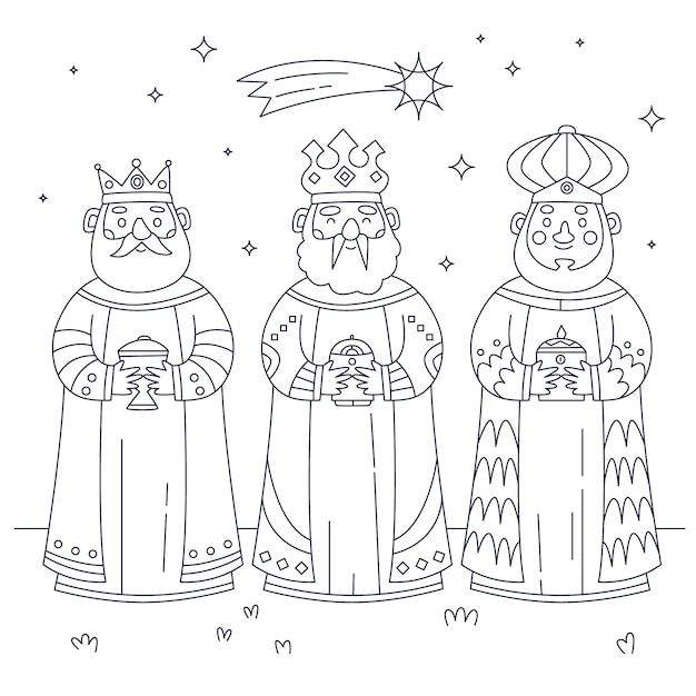 Flat reyes magos coloring page illustration