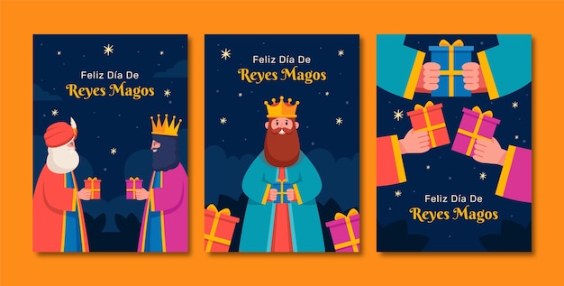 Free vector flat reyes magos greeting cards collection