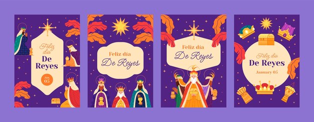 Flat reyes magos greeting cards collection