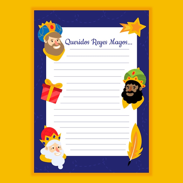 Бесплатное векторное изображение Плоский шаблон письма списка желаний reyes magos