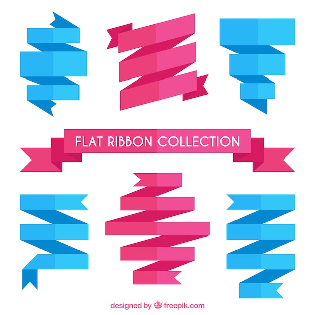 Flat ribbons set in pink and blue colors – Free Vector Download