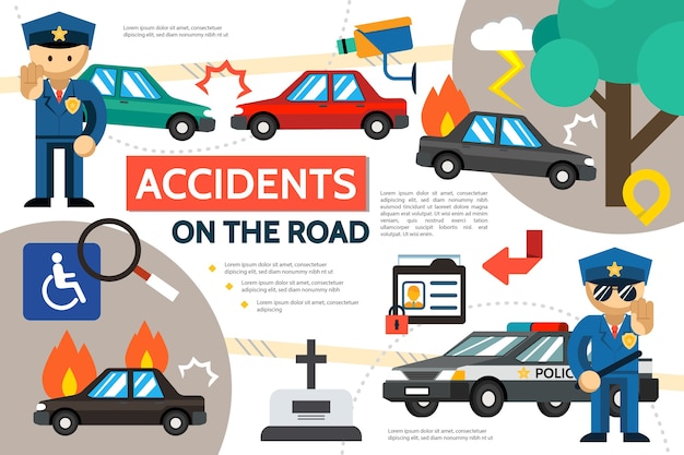 Flat road accident infographic template with car crash burning automobile pedestrian hit police officers