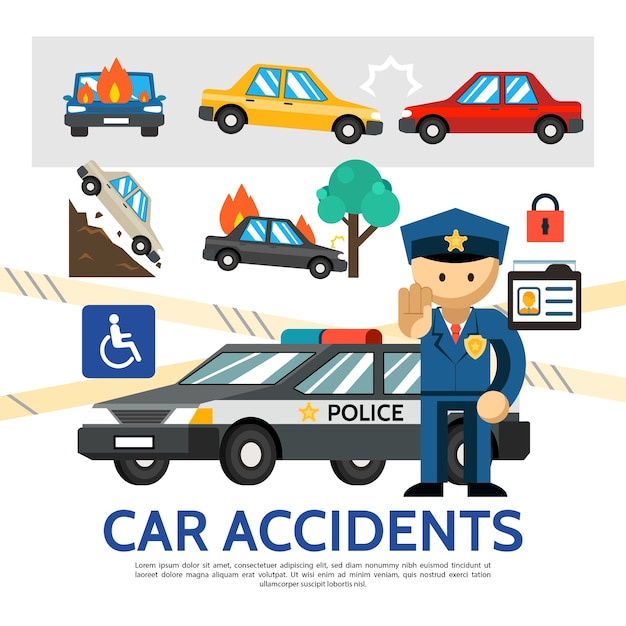 Free vector flat road accident template with burning and falling cars automobile crash police transport