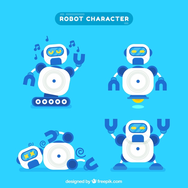 異なるポーズコレクションを持つフラットロボットキャラクター