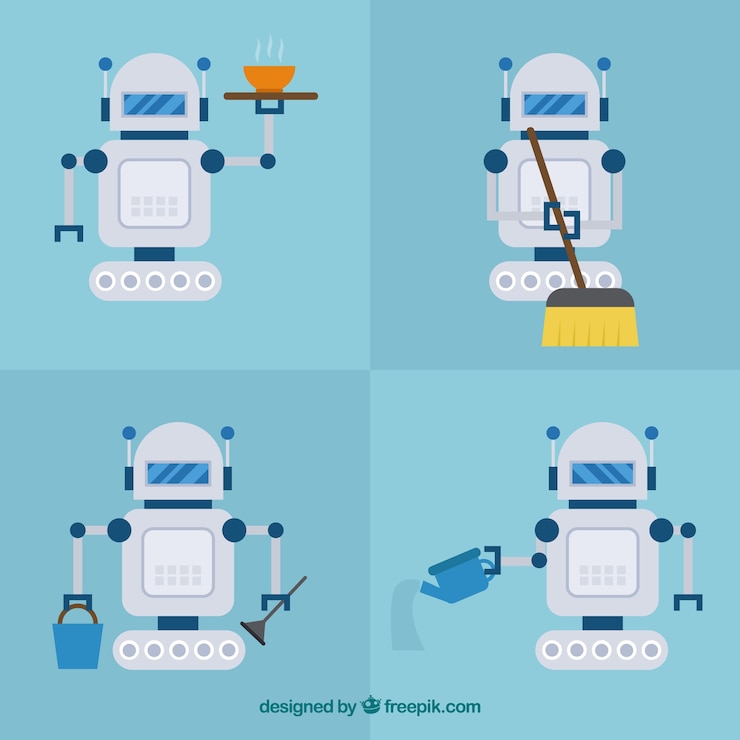 Free Vector flat robot character with different poses collection
