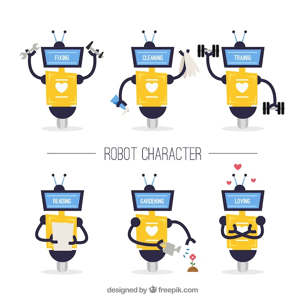 Flat robot character with different poses collection