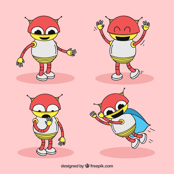 무료 Vector 다른 포즈 컬렉션 플랫 로봇 캐릭터