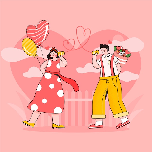 Плоская романтическая пара иллюстрация с воздушными шарами и цветами