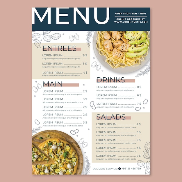 Free vector flat rustic restaurant menu with photo