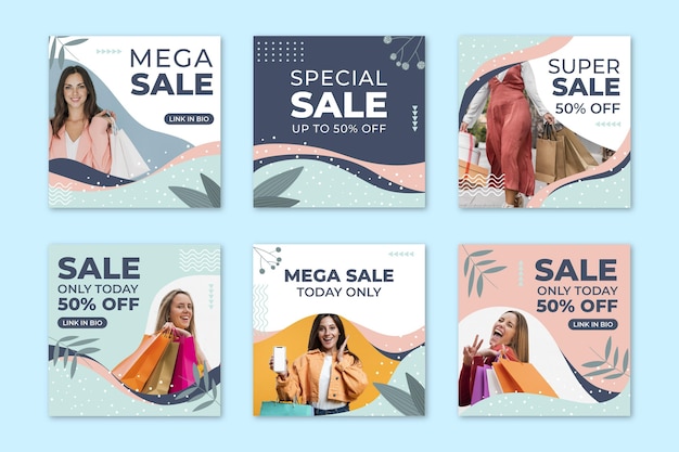 Free vector flat sale instagram posts with photo template