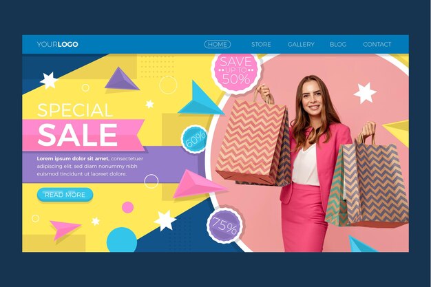 Free vector flat sale landing page template with photo