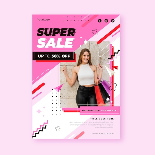 Flat sale vertical poster template with photo