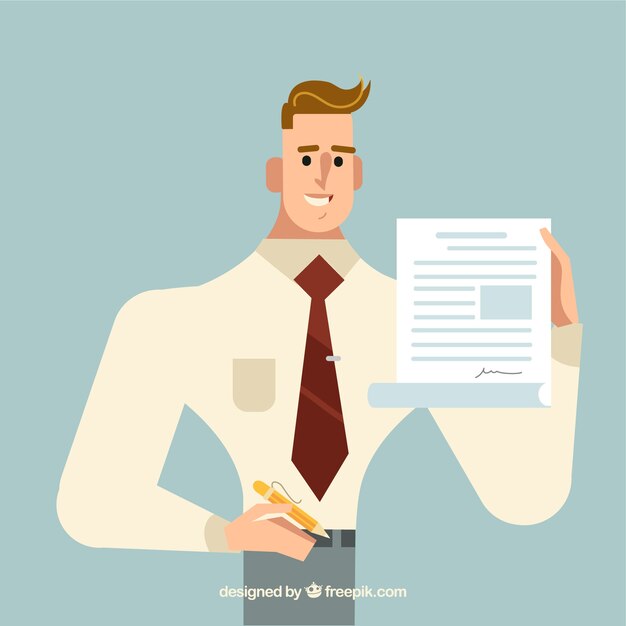 Flat salesman character holding contract document