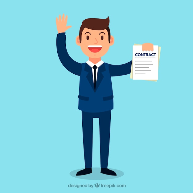 Flat salesman character holding contract document