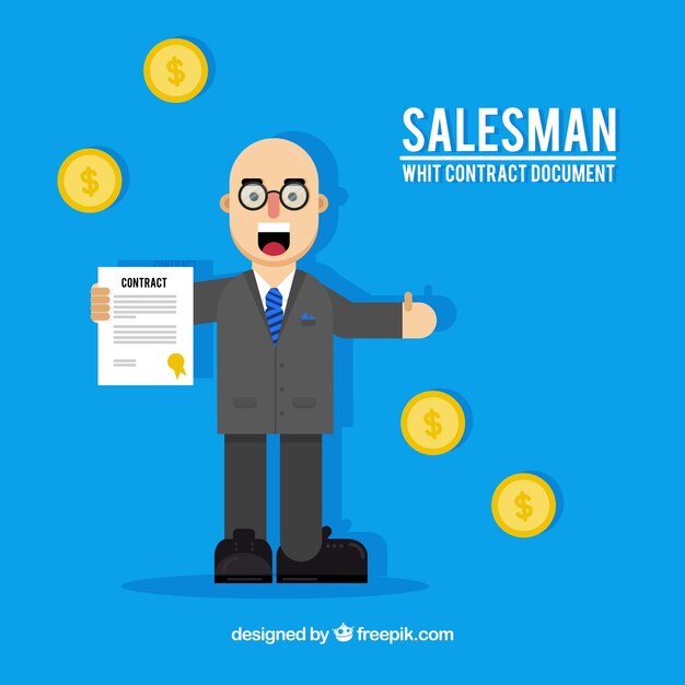 Flat salesman character holding contract document