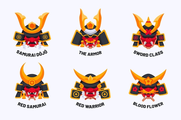 Плоская коллекция логотипов самураев