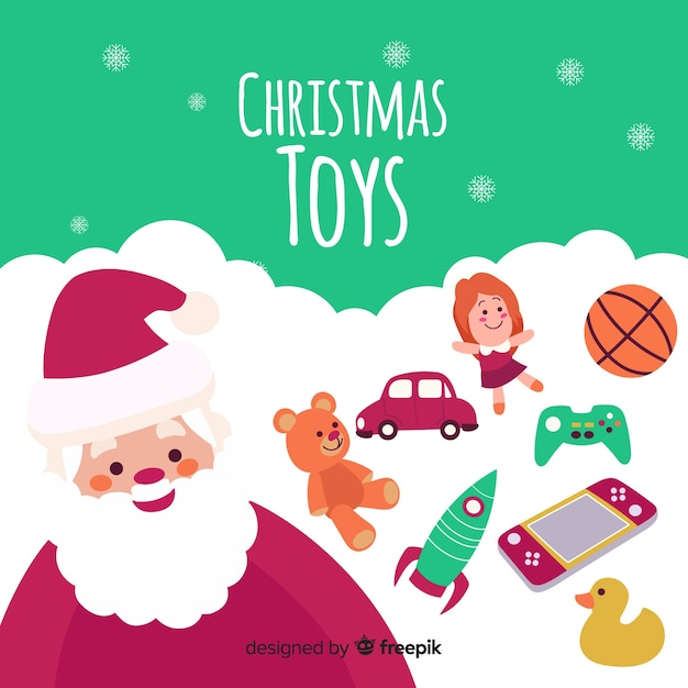 Flat santa claus with toys background