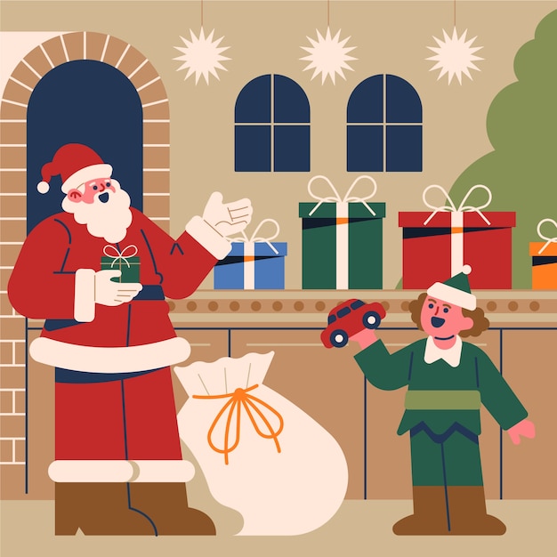 Vettore gratuito illustrazione piatta dell'officina di babbo natale