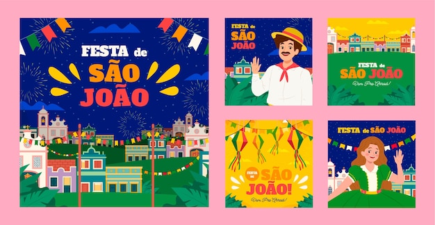 Free vector flat sao joao instagram posts collection