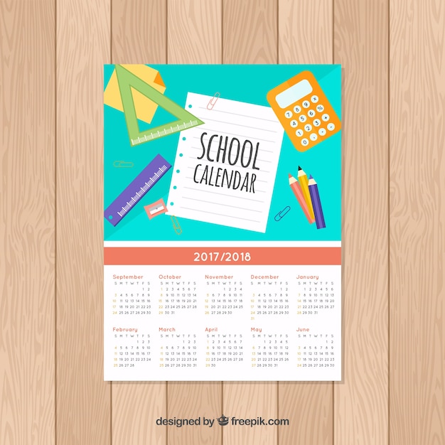 Flat school calendar with materials