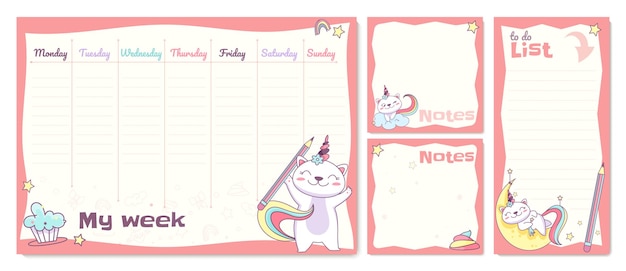 Flat school timetable schedule for kids with with cute unicorn cat