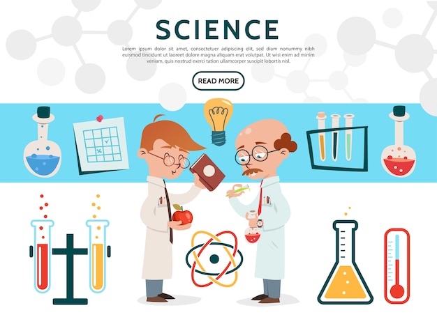 Le icone piane di scienza hanno messo con gli scienziati nel termometro della lampadina delle bottiglie dei tubi del laboratorio